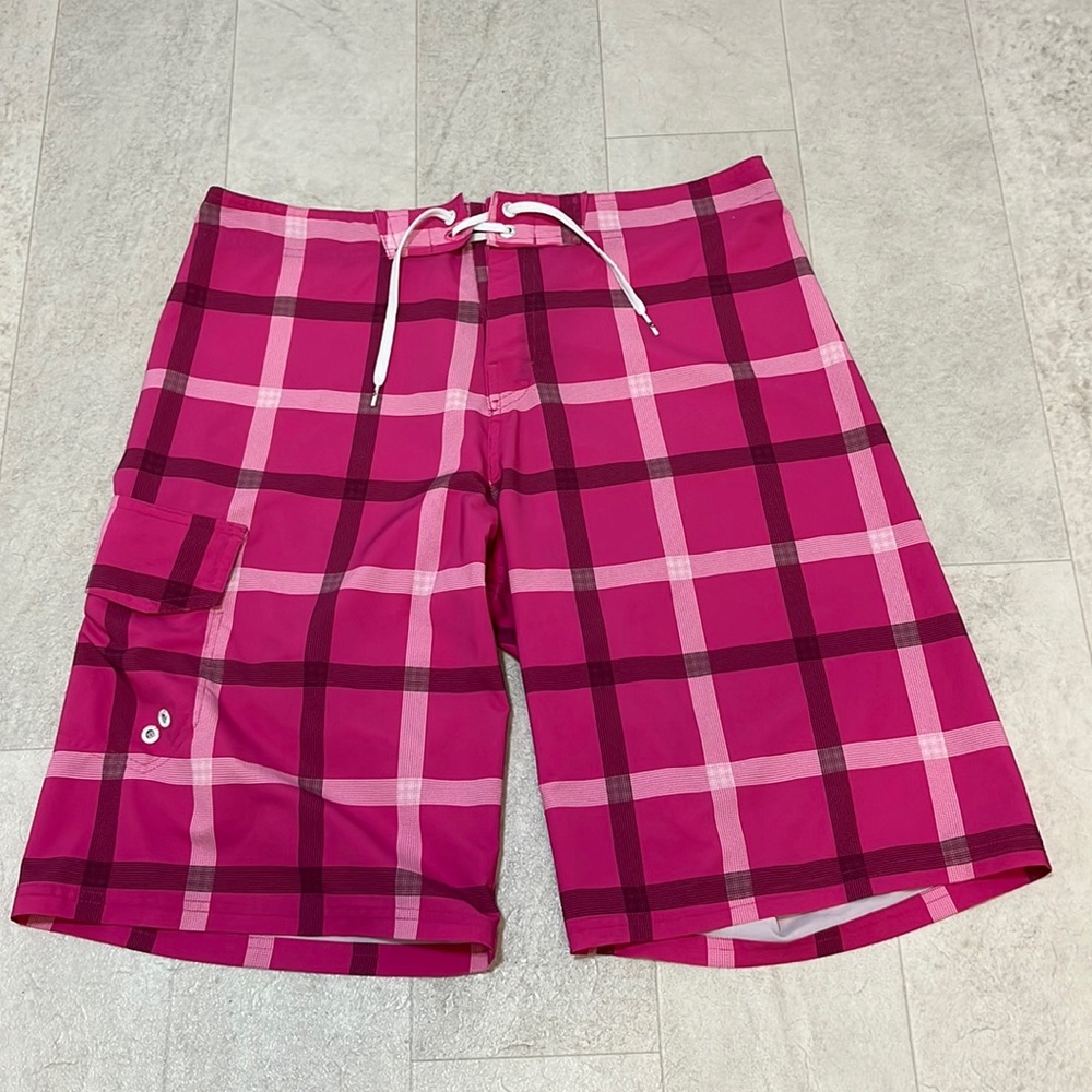 OP Board Shorts Sz 34 Pink Plaid Swim Flex 4 Way Stretch Drawstring Trunks